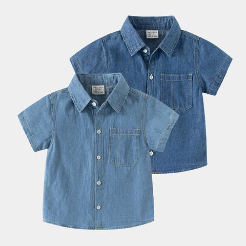 [5131090] - Baju Kemeja Denim Lengan Pendek Fashion Anak Laki-Laki - Motif Stitching Texture