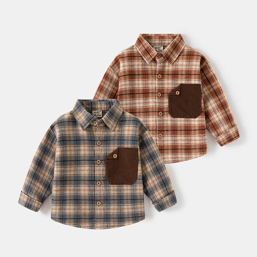 [5131118] - Baju Atasan Kemeja Lengan Panjang Anak Laki-Laki - Motif Classic Pocket Plaid