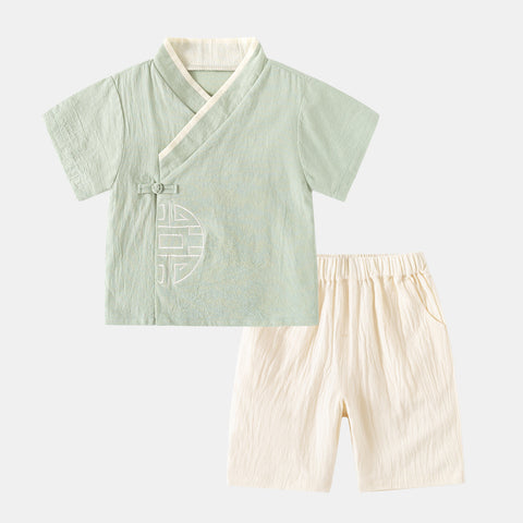 [5131127] - One Set 2in1 Baju Setelan Kerah Shanghai Imlek Atasan Lengan Pendek Bawahan Celana Pendek Style Chinese Hanfu Anak Laki Laki Cowok - Motif Top Color Green - BABYHOKI STORE