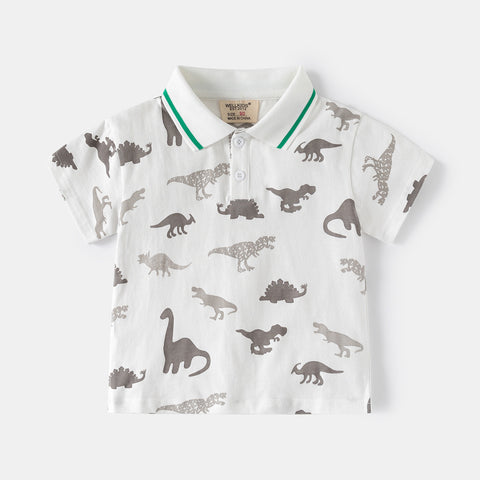[5131129] - Baju Atasan Kerah Polo Lengan Pendek Fashion Anak Laki Laki Cowok - Motif White All Dino - BABYHOKI STORE