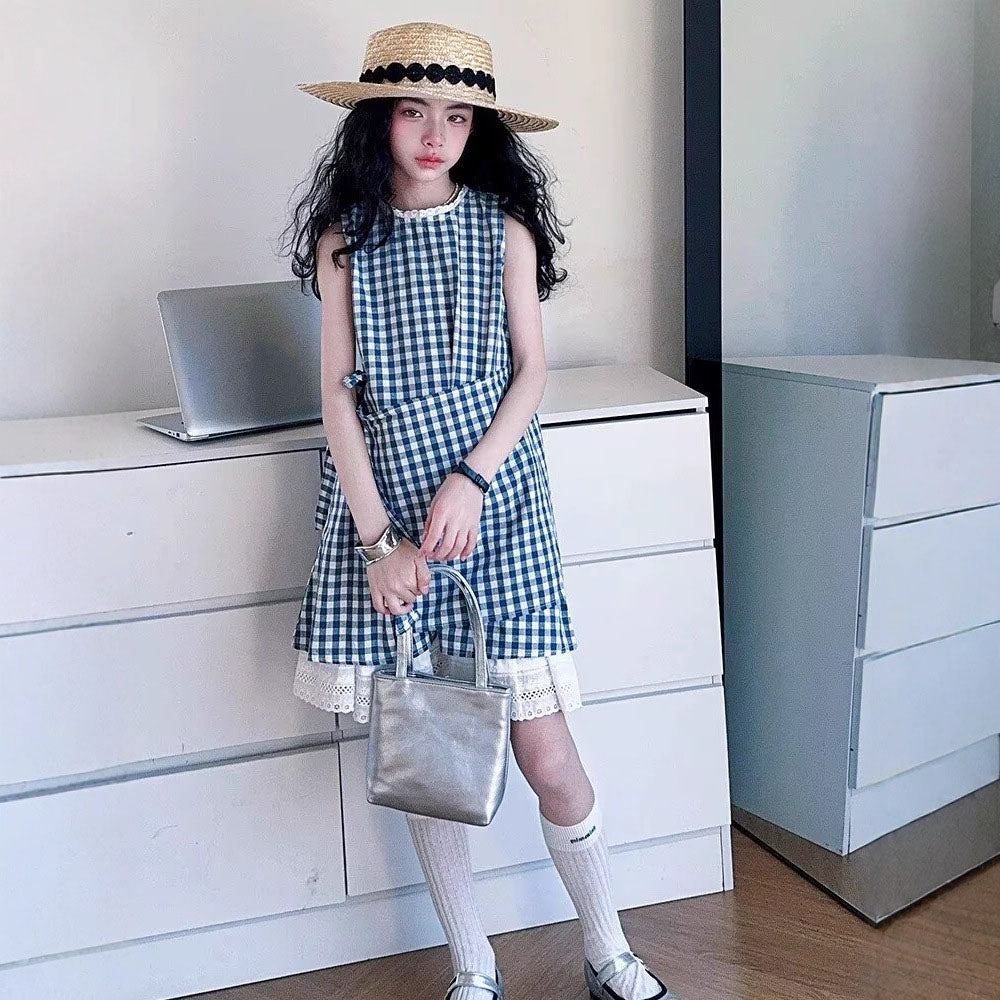 [5071164] - Baju Gaun Dress Lengan Kutung Korean Version Style Anak Perempuan Cewek - Motif Plaid - BABYHOKI STORE