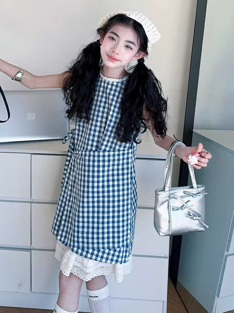 [5071164] - Baju Gaun Dress Lengan Kutung Korean Version Style Anak Perempuan Cewek - Motif Plaid - BABYHOKI STORE