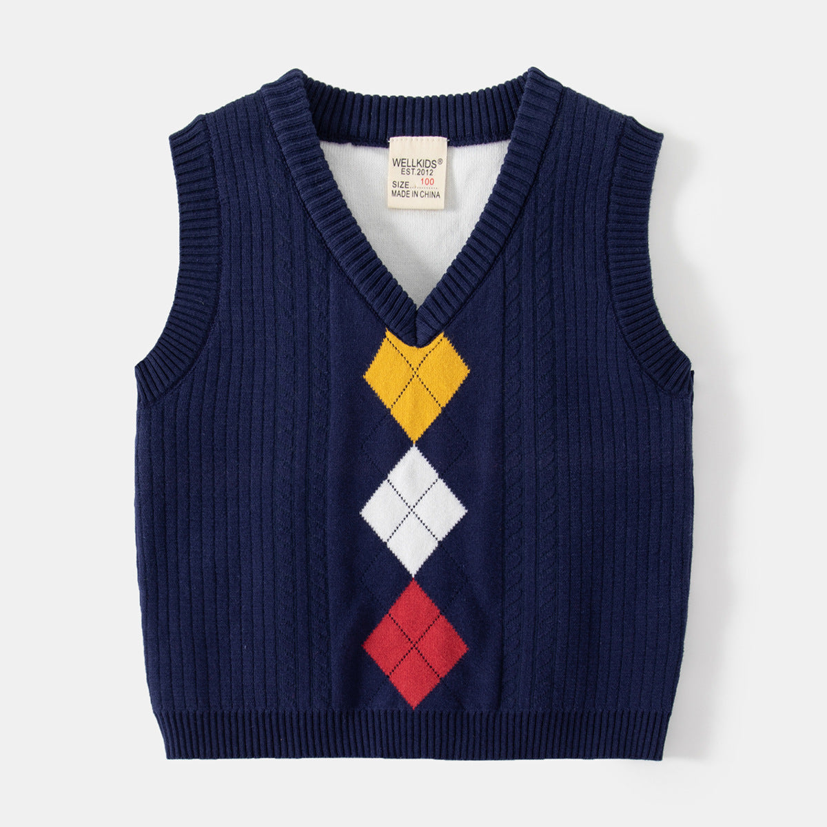 [513693] - Atasan Sweater Rompi Rajut Kutung Anak Laki-Laki - Motif Straight Diamond