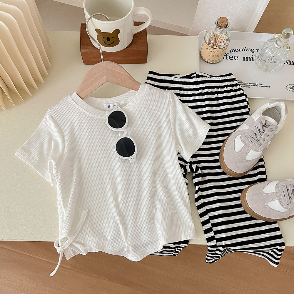 [602137] - Baju Setelan Atasan Lengan Pendek Celana Panjang Anak Cewek Fashion - Motif Cool Stripes