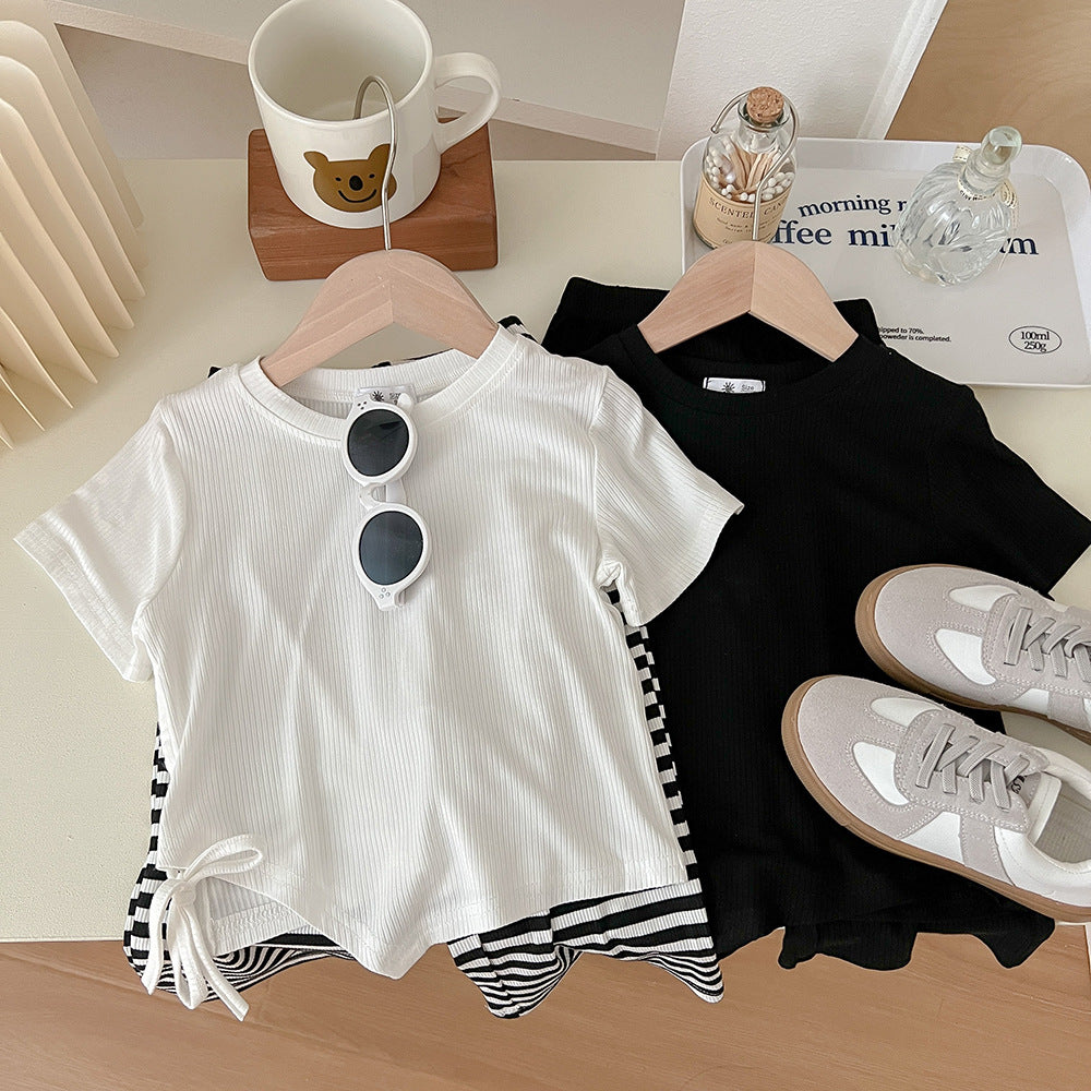 [602137] - Baju Setelan Atasan Lengan Pendek Celana Panjang Anak Cewek Fashion - Motif Cool Stripes