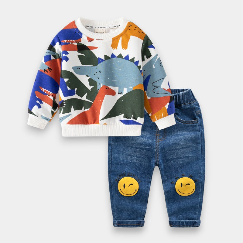 [613109] - Setelan Atasan Baju Sweater Lengan Panjang Celana Panjang Jeans - Motif Colorful Dino