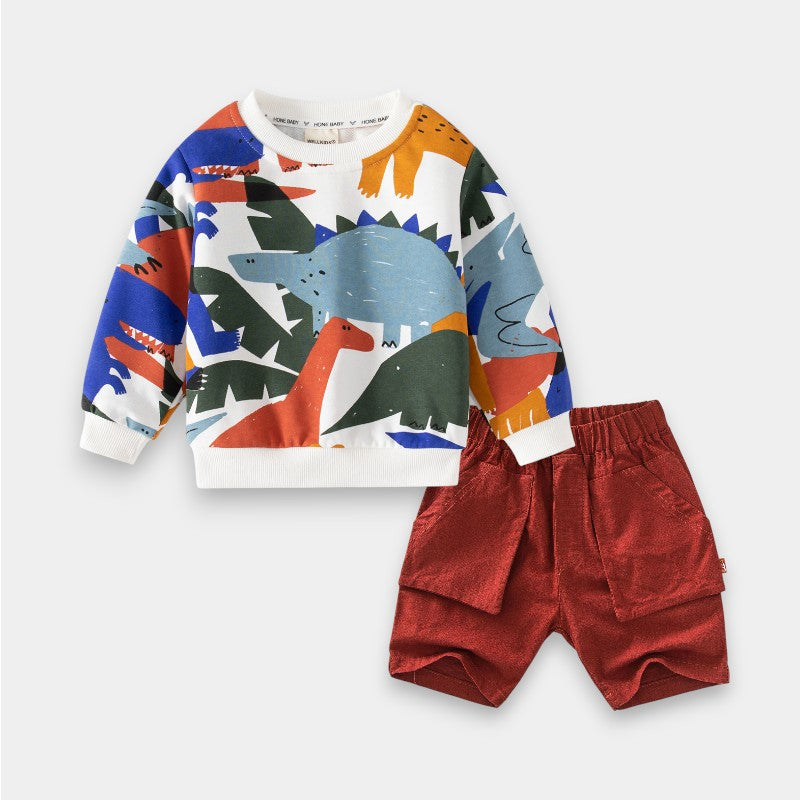 [613115] - Setelan Baju Sweater Lengan Panjang Celana Pendek Anak Laki - Laki - Motif Leaf Dinos