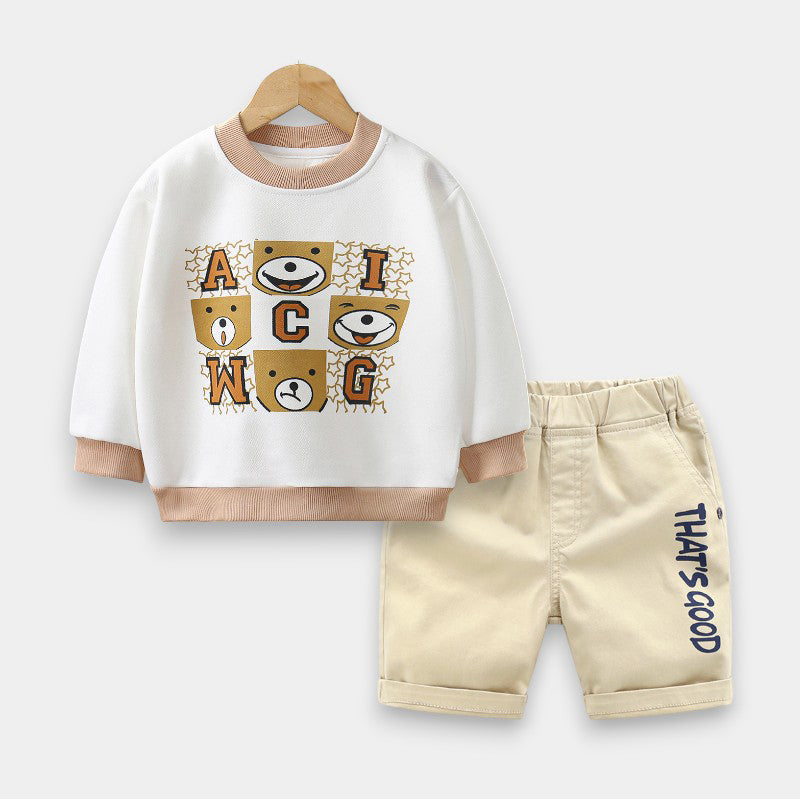 [613117] - Setelan Baju Sweater Celana Pendek Anak Cowok - Motif Letter Bear