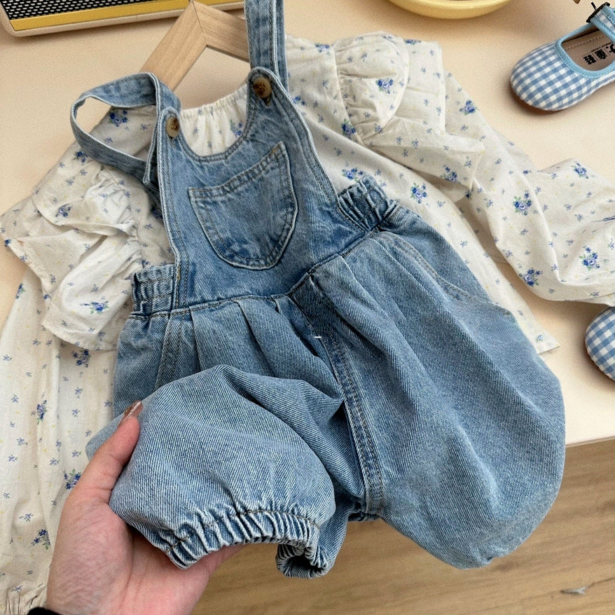 [363702] - Setelan Baju Blouse Bawahan Overall Jeans Fashion Anak Perempuan - Motif Lil Flower