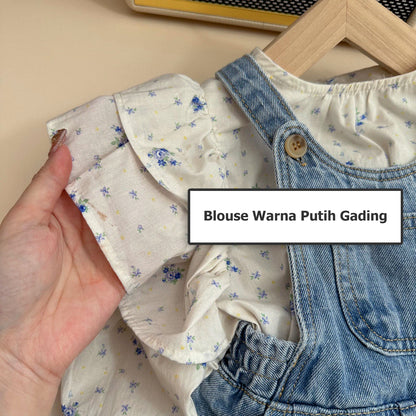 [363702] - Setelan Baju Blouse Bawahan Overall Jeans Fashion Anak Perempuan - Motif Lil Flower