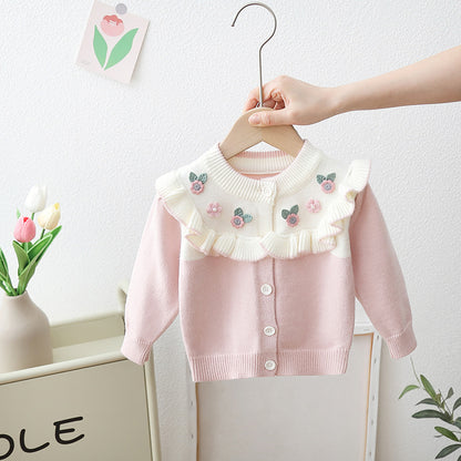 [722103] - Baju Atasan Lengan Panjang Jaket Rajut Fashion Anak Perempuan - Motif Flower Leaf