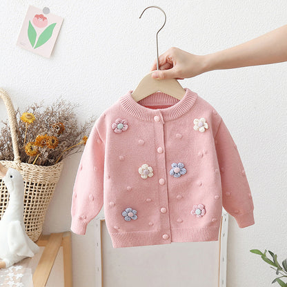 [722107] - Baju Atasan Jaket Rajut Lengan Panjang Fashion Anak Perempuan - Motif Round Flower