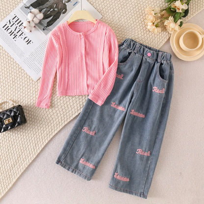 [363713] - Baju Setelan Atasan Rajut Celana Jeans Panjang Fashion Anak Cewek - Motif Letter Knit