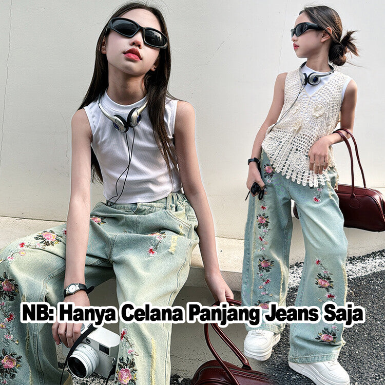 [723102] - Celana Panjang Jeans Kulot Bordir Bunga Fashion Anak Perempuan - Motif Flower Bloom