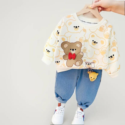 [340285] - Setelan 3D Sweater Crewneck Celana Jeans Anak Perempuan - Motif Ribbon Bear