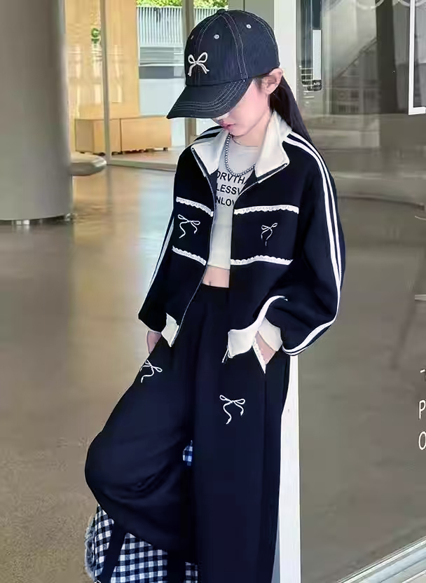 [907101] - One Set 2in1 Baju Setelan Outerwear Atasan Jaket Zipper Lengan Panjang Bawahan Celana Panjang Casual Fashion Anak Perempuan Cewek - Motif Ribbon Lace - BABYHOKI STORE - BABYHOKI STORE