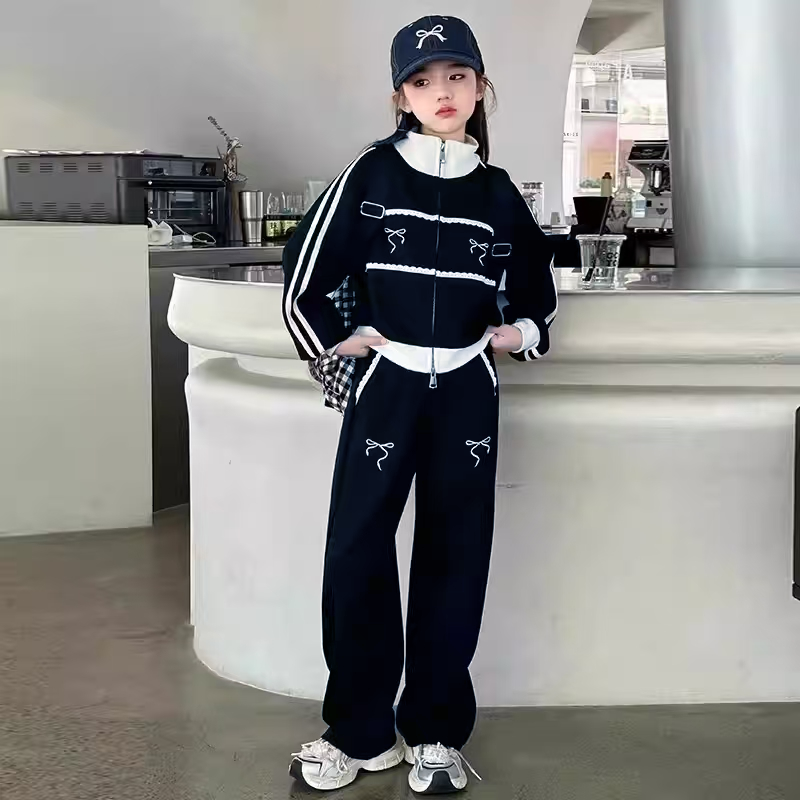 [907101] - One Set 2in1 Baju Setelan Outerwear Atasan Jaket Zipper Lengan Panjang Bawahan Celana Panjang Casual Fashion Anak Perempuan Cewek - Motif Ribbon Lace - BABYHOKI STORE - BABYHOKI STORE