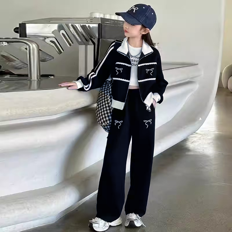 [907101] - One Set 2in1 Baju Setelan Outerwear Atasan Jaket Zipper Lengan Panjang Bawahan Celana Panjang Casual Fashion Anak Perempuan Cewek - Motif Ribbon Lace - BABYHOKI STORE - BABYHOKI STORE