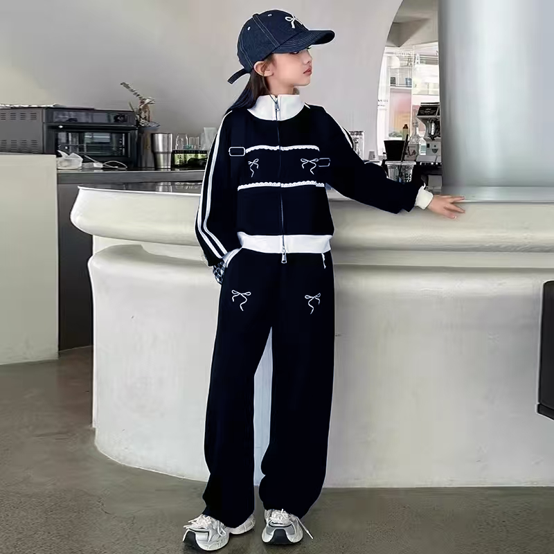 [907101] - One Set 2in1 Baju Setelan Outerwear Atasan Jaket Zipper Lengan Panjang Bawahan Celana Panjang Casual Fashion Anak Perempuan Cewek - Motif Ribbon Lace - BABYHOKI STORE - BABYHOKI STORE