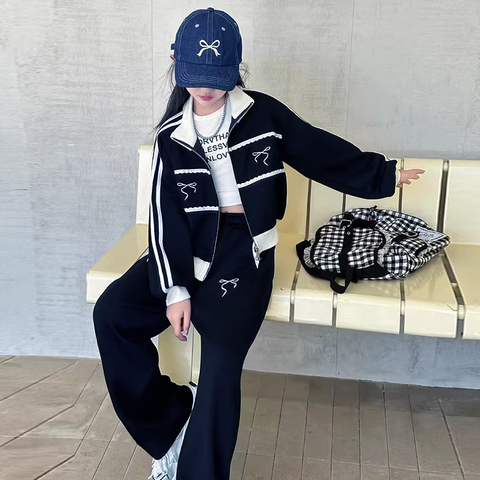 [907101] - One Set 2in1 Baju Setelan Outerwear Atasan Jaket Zipper Lengan Panjang Bawahan Celana Panjang Casual Fashion Anak Perempuan Cewek - Motif Ribbon Lace - BABYHOKI STORE - BABYHOKI STORE