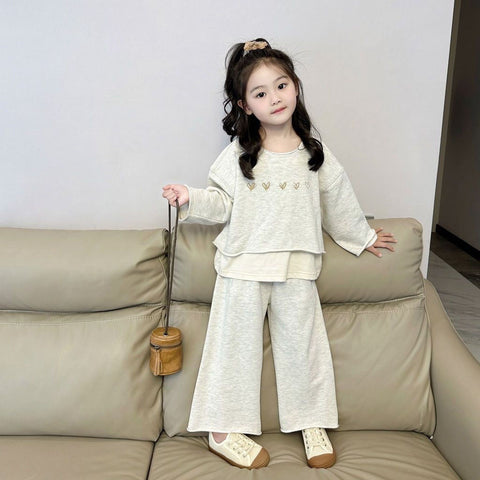 [907102] - One Set 2in1 Baju Setelan Outerwear Atasan Lengan Panjang Bawahan Celana Panjang Korean Casual Fashion Anak Perempuan Cewek - Motif Small Love - BABYHOKI STORE - BABYHOKI STORE