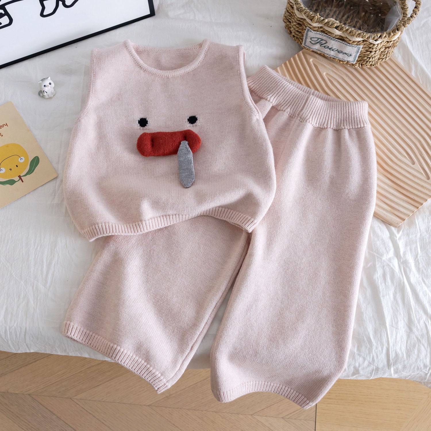 Translation missing: en.[907106] - One Set 2in1 Baju Setelan Knit Atasan Vest Sweater Lengan Kutung Bawahan Celana Panjang Style Fashion Korean Anak Perempuan Cewek - Motif Basic Color Pink - BABYHOKI STORE - BABYHOKI STORE: All Girls Set