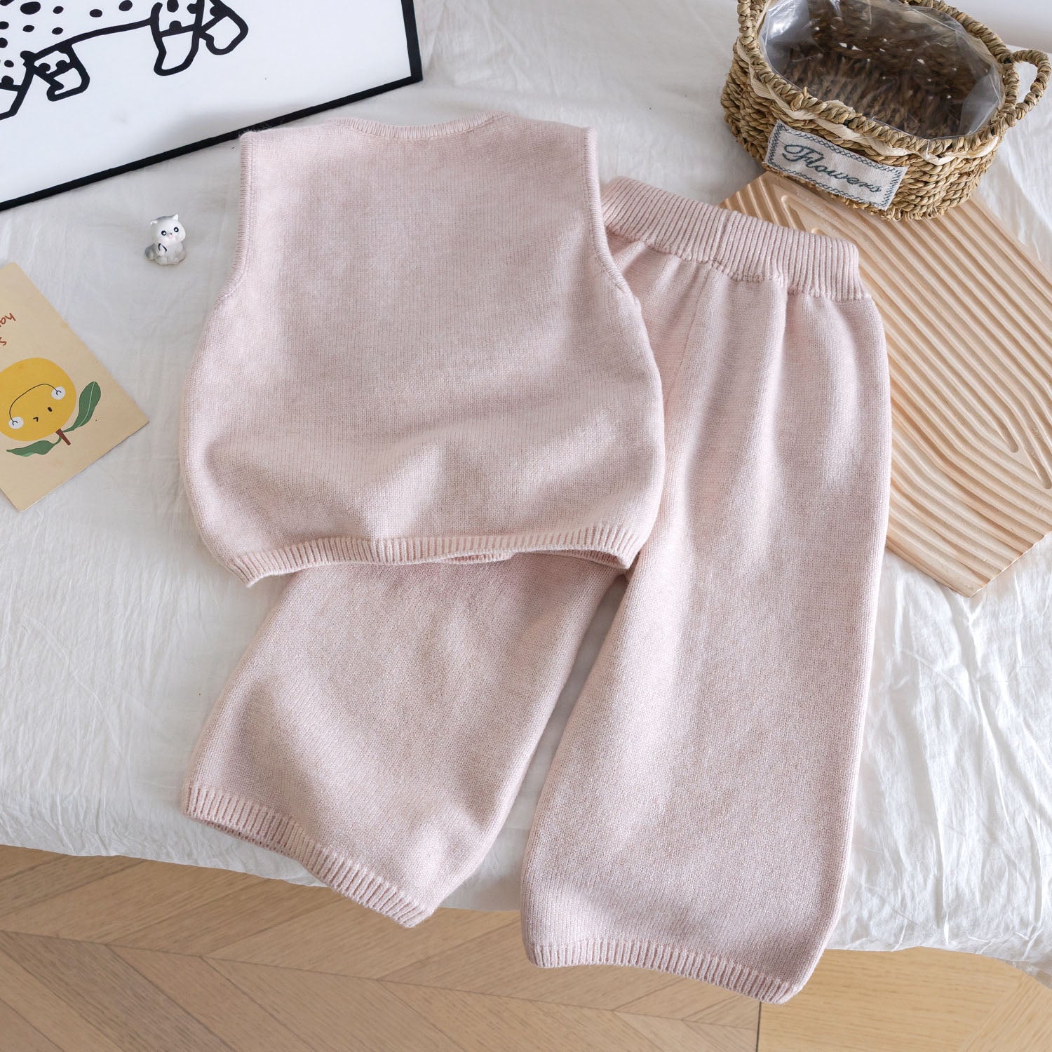 [907106] - One Set 2in1 Baju Setelan Knit Atasan Vest Sweater Lengan Kutung Bawahan Celana Panjang Style Fashion Korean Anak Perempuan Cewek - Motif Basic Color Pink - BABYHOKI STORE - BABYHOKI STORE