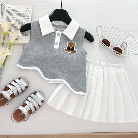 [963101] - One Set 2in1 Baju Setelan Atasan Kerah Crop Lengan Kutung Bawahan Celana Rok Pendek Plisket Fashion Anak Perempuan Cewek - Motif Animal - BABYHOKI STORE