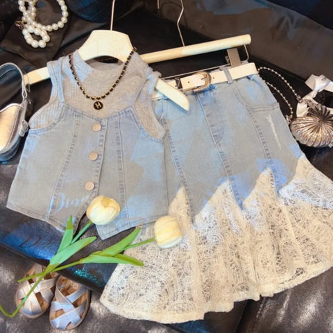 [963104] - One Set 3in1 Baju Setelan Atasan Kaos Lengan Kutung Vest Kutung Denim Bawahan Rok Panjang Fashion Korean Style Anak Perempuan Cewek - Motif Bottom Lace - BABYHOKI STORE