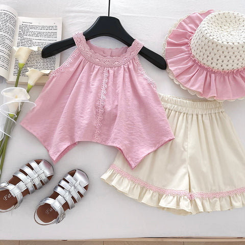 [963106] - One Set 2in1 Baju Setelan Atasan Blouse Lengan Kutung Bawahan Celana Pendek Ruffled Fashion Comfortable Anak Perempuan Cewek - Motif Lace Neck - BABYHOKI STORE