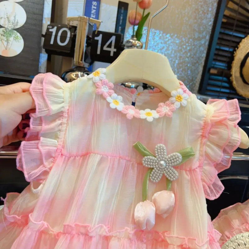 [963110] - Baju Gaun Dress Princess Chiffon Atasan Lengan Kutung Korean Fashion Style Anak Perempuan Cewek - Motif Flower 3D - BABYHOKI STORE