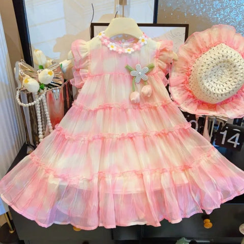 [963110] - Baju Gaun Dress Princess Chiffon Atasan Lengan Kutung Korean Fashion Style Anak Perempuan Cewek - Motif Flower 3D - BABYHOKI STORE