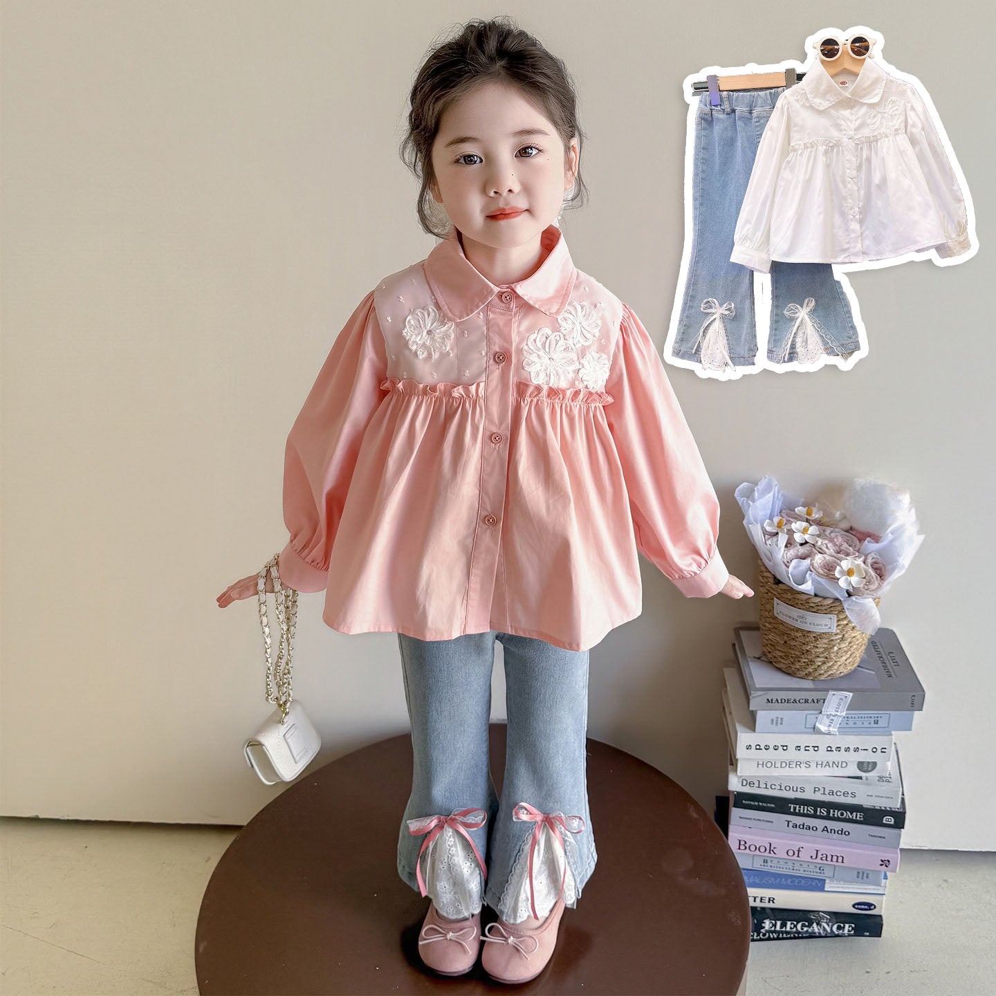 [963111] - One Set 2in1 Baju Setelan Atasan Blouse Lengan Panjang Bawahan Celana Panjang Jeans Cutbray Korean Fashion Style Anak Perempuan Cewek - Motif Top Flower Bottom Bow - BABYHOKI STORE