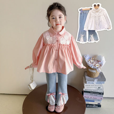 [963111] - One Set 2in1 Baju Setelan Atasan Blouse Lengan Panjang Bawahan Celana Panjang Jeans Cutbray Korean Fashion Style Anak Perempuan Cewek - Motif Top Flower Bottom Bow - BABYHOKI STORE