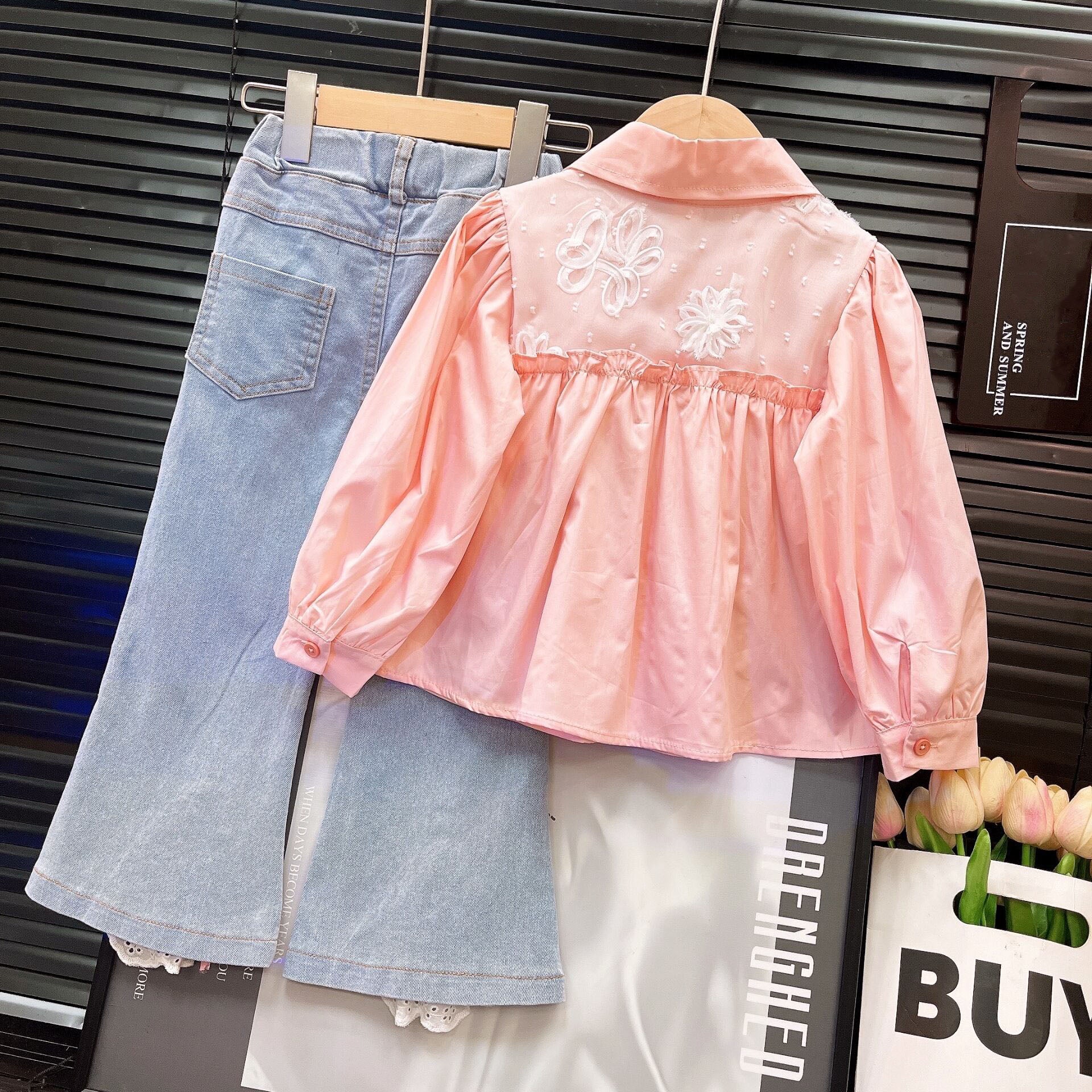 [963111] - One Set 2in1 Baju Setelan Atasan Blouse Lengan Panjang Bawahan Celana Panjang Jeans Cutbray Korean Fashion Style Anak Perempuan Cewek - Motif Top Flower Bottom Bow - BABYHOKI STORE