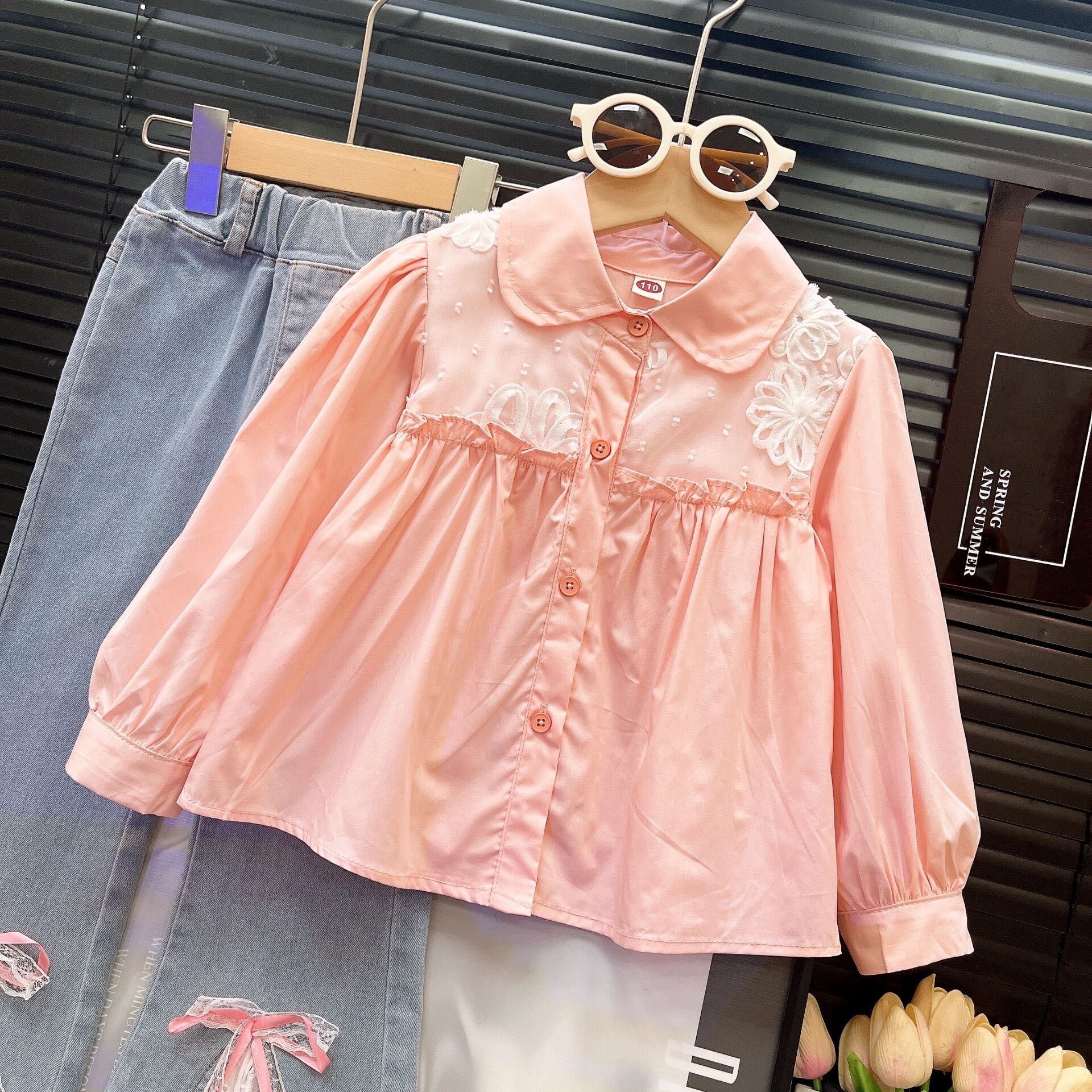[963111] - One Set 2in1 Baju Setelan Atasan Blouse Lengan Panjang Bawahan Celana Panjang Jeans Cutbray Korean Fashion Style Anak Perempuan Cewek - Motif Top Flower Bottom Bow - BABYHOKI STORE