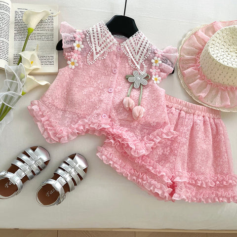 [963114] - One Set 2in1 Baju Setelan Atasan Blouse Kerah Lengan Kutung Bawahan Celana Pendek Comfort Fashion Style Anak Perempuan Cewek - Motif Flower 3D - BABYHOKI STORE