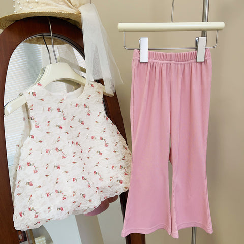 [963116] - One Set 2in1 Baju Setelan Atasan Blouse Lengan Kutung Bawahan Celana Panjang Cutbray Korean Fashion Style Anak Perempuan Cewek - Motif Floral Pink - BABYHOKI STORE