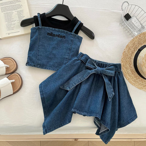 [963118] - One Set 3in1 Baju Setelan Atasan Kaos Lengan Kutung Vest Kutung Bawahan Celana Rok Pendek Korean Fashion Style Anak Perempuan Cewek - Motif Denim Color - BABYHOKI STORE
