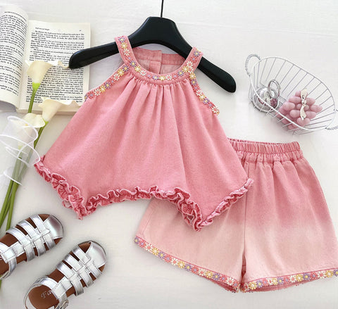 [963120] - One Set 2in1 Baju Setelan Atasan Lengan Kutung Bawahan Celana Pendek Korean Fashion Style Anak Perempuan Cewek - Motif Small Flower - BABYHOKI STORE
