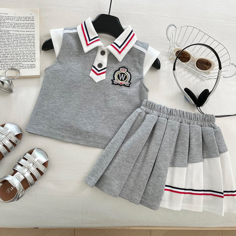[963122] - One Set 2in1 Baju Setelan Atasan Kaos Kerah Lengan Kutung Bawahan Celana Rok Pendek College Fashion Style Anak Perempuan Cewek - Motif Color Striped - BABYHOKI STORE