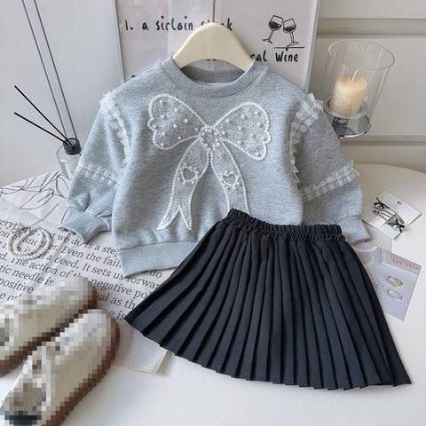 [963123] - One Set 2in1 Baju Setelan Atasan Sweater Lengan Panjang Bawahan Celana Rok Pendek Korean Fashion Style Anak Perempuan Cewek - Motif Cute Bow - BABYHOKI STORE