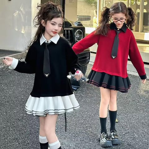 [963126] - Baju Gaun Dress Princess Atasan Lengan Panjang Korean Fashion Style Anak Perempuan Cewek - Motif University Tie - BABYHOKI STORE