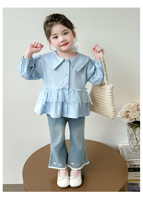 [963127] - One Set 2in1 Baju Setelan Atasan Blouse Lengan Panjang Bawahan Celana Panjang Jeans Korean Fashion Style Anak Perempuan Cewek - Motif Top Bow Bottom Love - BABYHOKI STORE