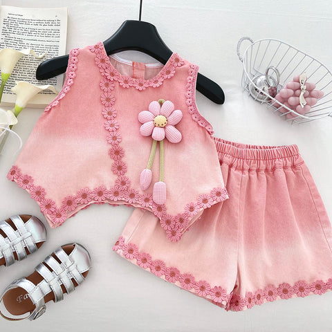 [963129] - One Set 2in1 Baju Setelan Atasan Lengan Kutung Bawahan Celana Pendek Korean Version Style Anak Perempuan Cewek - Motif Flower 3D - BABYHOKI STORE - BABYHOKI STORE