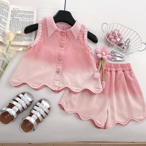 [963130] - One Set 2in1 Baju Setelan Atasan Berkerah Lengan Kutung Bawahan Celana Pendek Comfort Style Anak Perempuan Cewek - Motif Lace Top - BABYHOKI STORE - BABYHOKI STORE