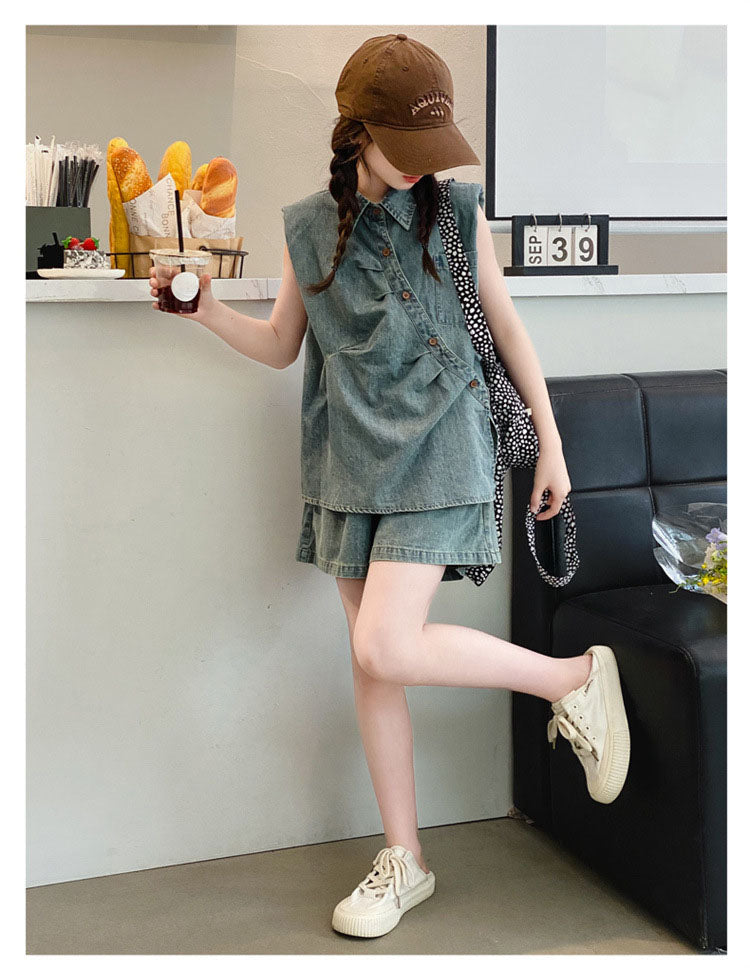 [963131] - One Set 2in1 Baju Setelan Atasan Berkerah Tangan Lengan Kutung Korean Versin Style Anak Perempuan Cewek - Motif Color Denim - BABYHOKI STORE - BABYHOKI STORE