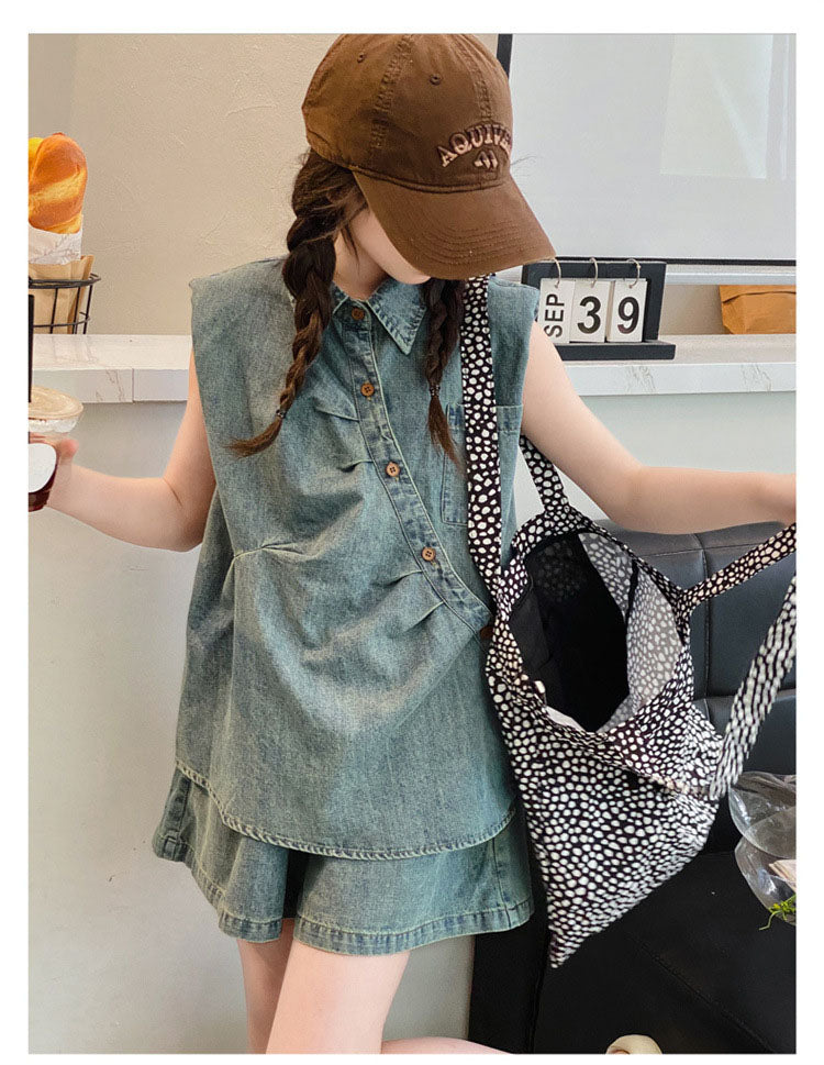 [963131] - One Set 2in1 Baju Setelan Atasan Berkerah Tangan Lengan Kutung Korean Versin Style Anak Perempuan Cewek - Motif Color Denim - BABYHOKI STORE - BABYHOKI STORE