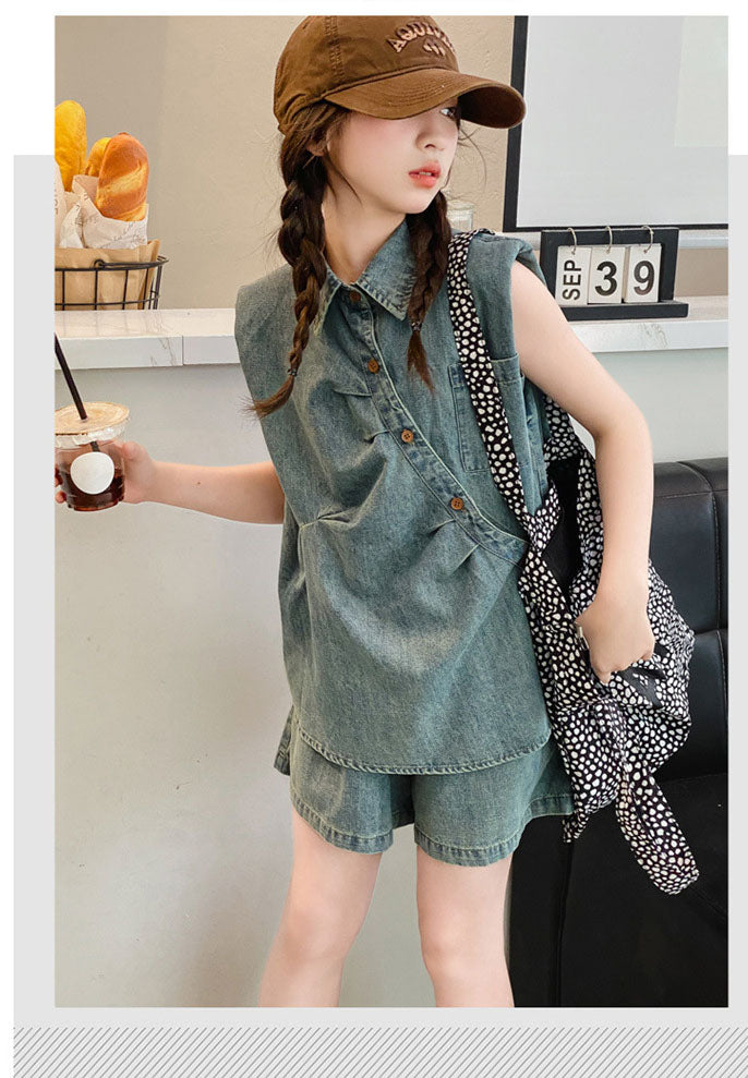 [963131] - One Set 2in1 Baju Setelan Atasan Berkerah Tangan Lengan Kutung Korean Versin Style Anak Perempuan Cewek - Motif Color Denim - BABYHOKI STORE - BABYHOKI STORE
