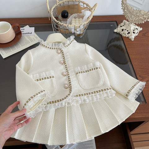 [963138] - One Set 2in1 Baju Setelan Atasan Lengan Panjang Bawahan Rok Pendek Plisket Korean Version Style Anak Perempuan Cewek - Motif Top Ruffled - BABYHOKI STORE - BABYHOKI STORE